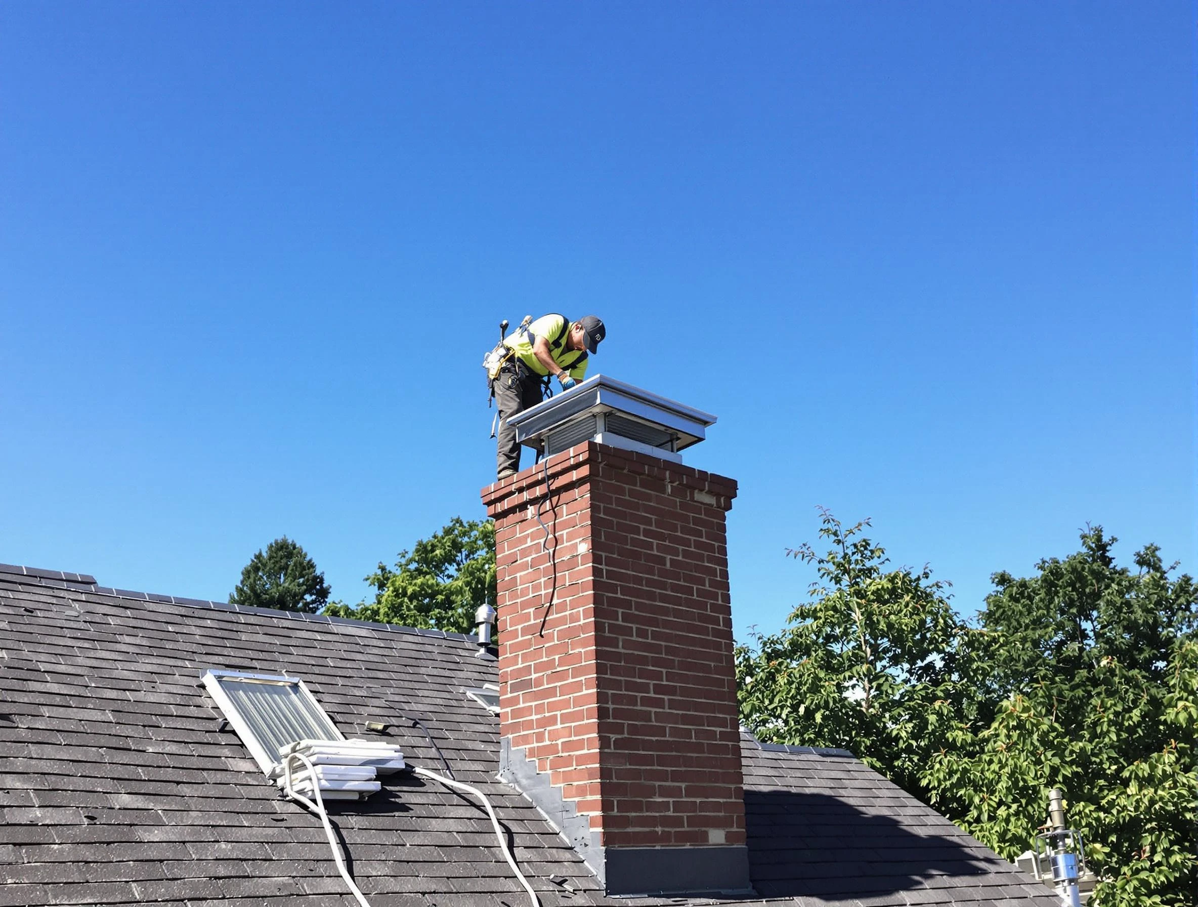 Longmont Chimney Sweep technician measuring a chimney cap in Longmont, CO